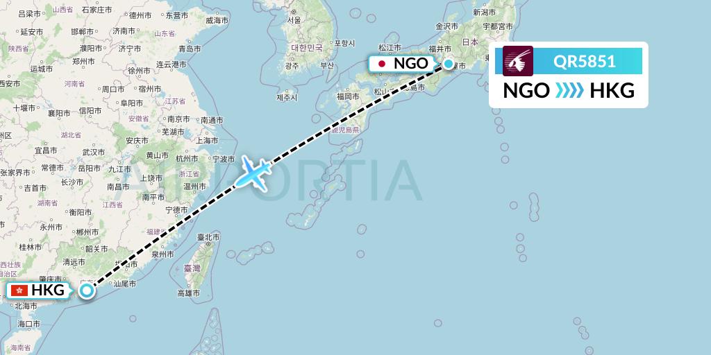 QR5851 Qatar Airways Flight Map: Nagoya to Hong Kong