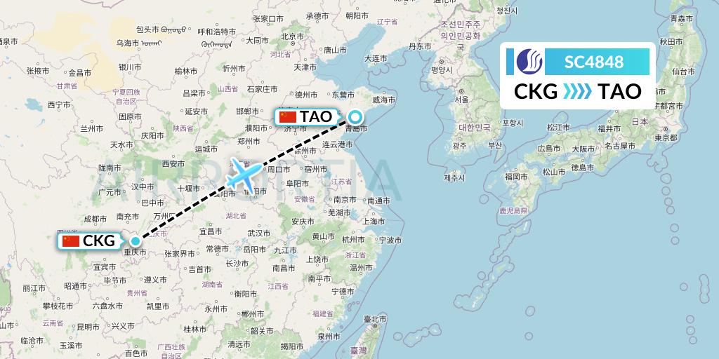 SC4848 Shandong Airlines Flight Map: Chongqing to Qingdao