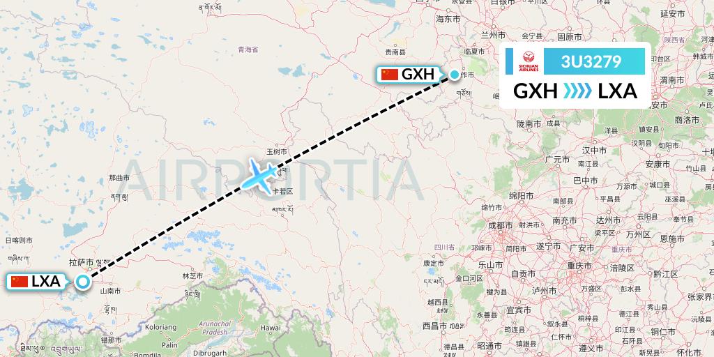 3U3279 Sichuan Airlines Flight Map: Xiahe to Lhasa