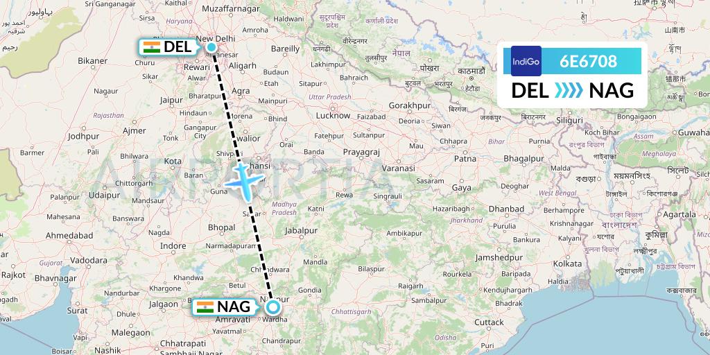 6E6708 IndiGo Airlines Flight Map: Delhi to Nagpur