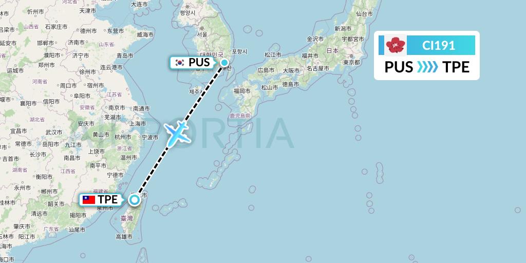 CI191 China Airlines Flight Map: Busan to Taipei