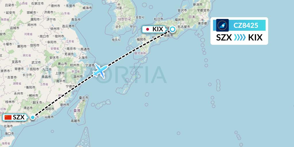 CZ8425 China Southern Airlines Flight Map: Shenzhen to Osaka