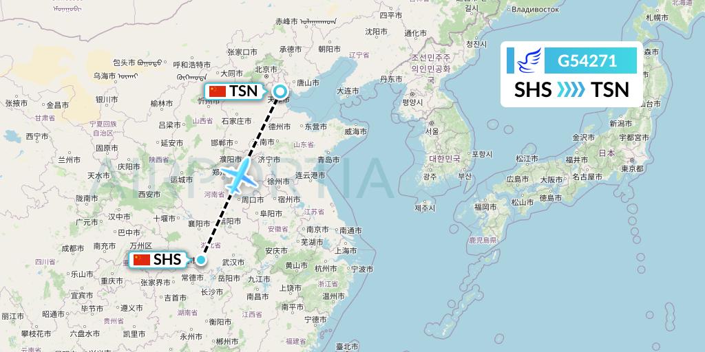 G54271 China Express Airlines Flight Map: Shashi to Tianjin