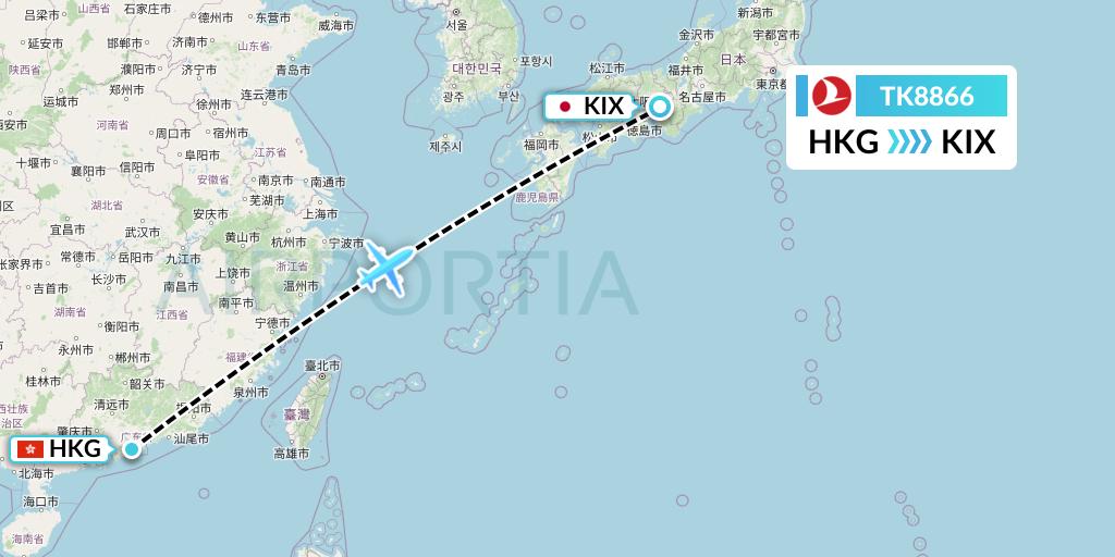 TK8866 Turkish Airlines Flight Map: Hong Kong to Osaka
