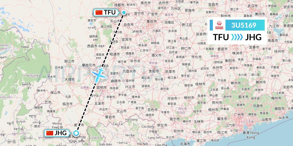 3U5169 Sichuan Airlines Flight Map: Chengdu to Jinghong