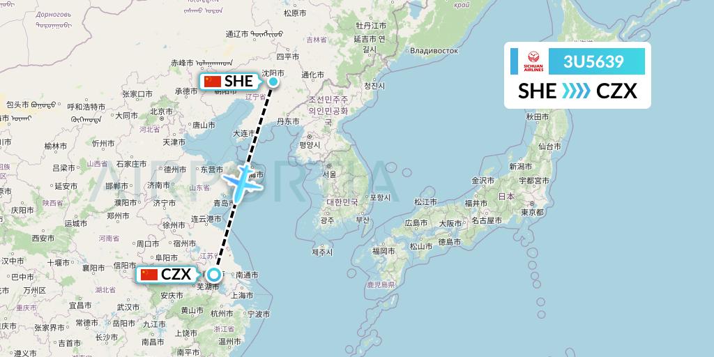 3U5639 Sichuan Airlines Flight Map: Shenyang to Changzhou