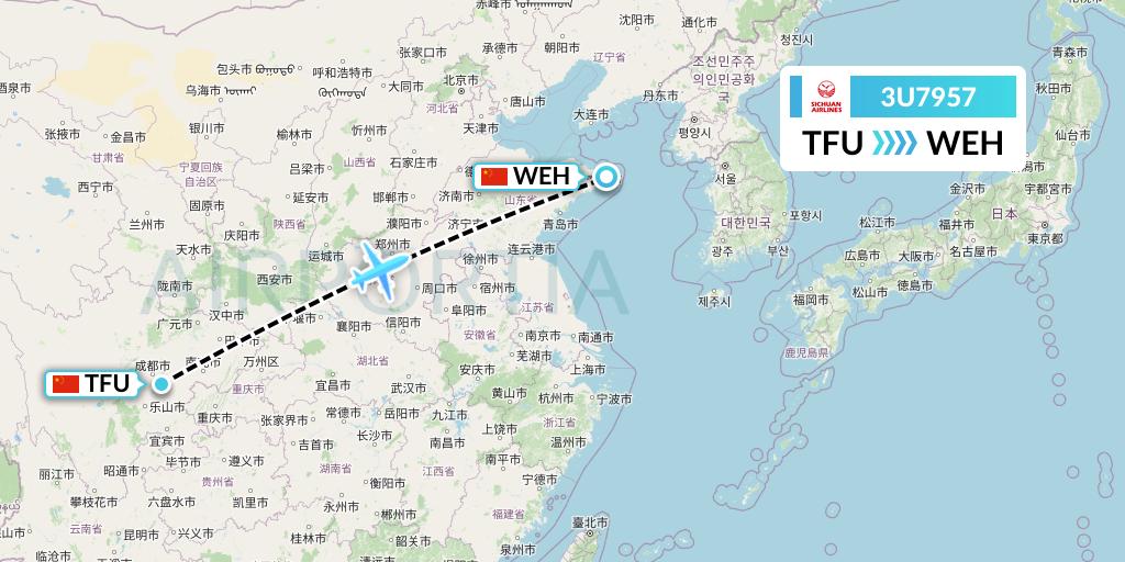 3U7957 Sichuan Airlines Flight Map: Chengdu to Weihai