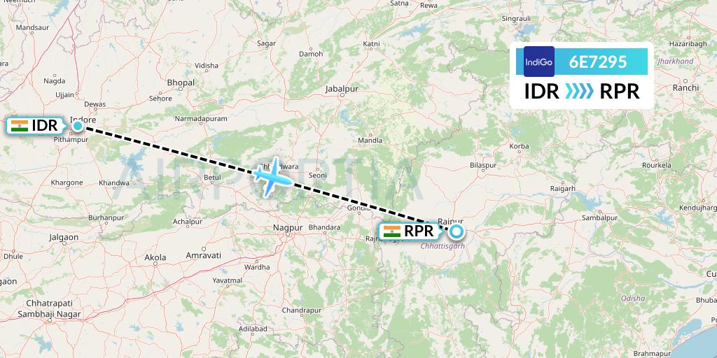 6E7295 IndiGo Airlines Flight Map: Indore to Raipur
