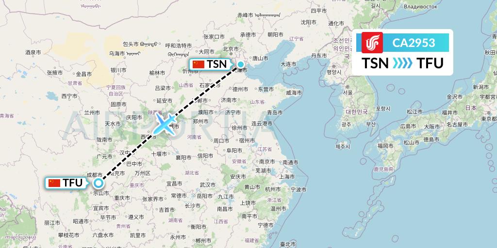 CA2953 Air China Flight Map: Tianjin to Chengdu