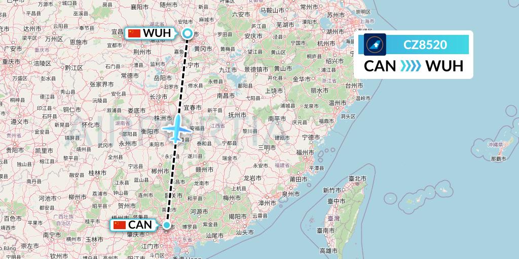 CZ8520 China Southern Airlines Flight Map: Guangzhou to Wuhan