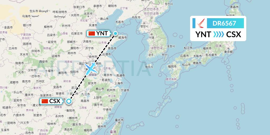 DR6567 Ruili Airlines Flight Map: Yantai to Changsha
