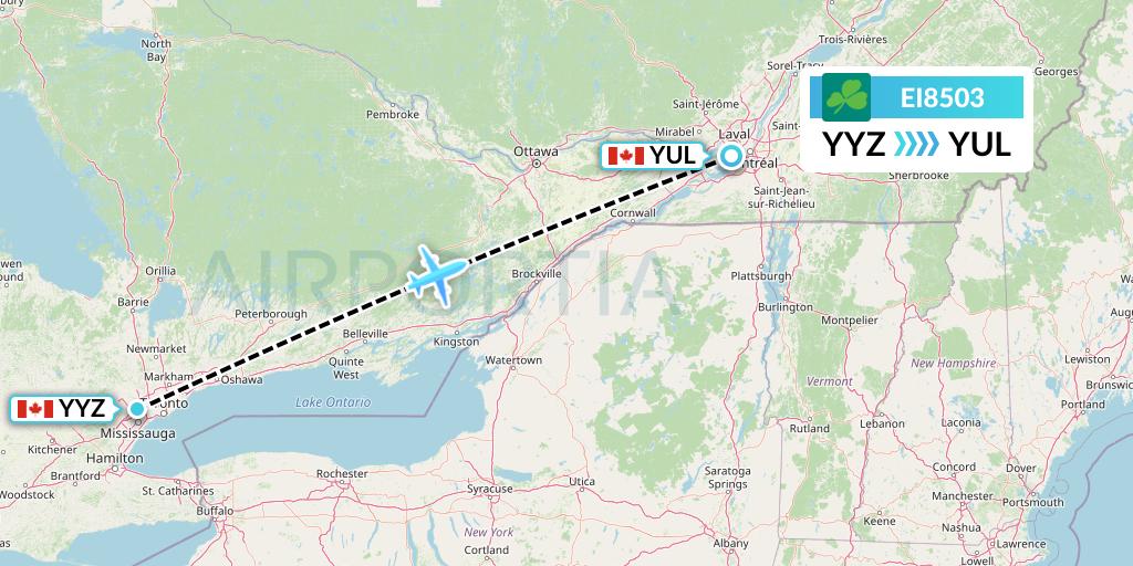 EI8503 Aer Lingus Flight Map: Toronto to Montreal