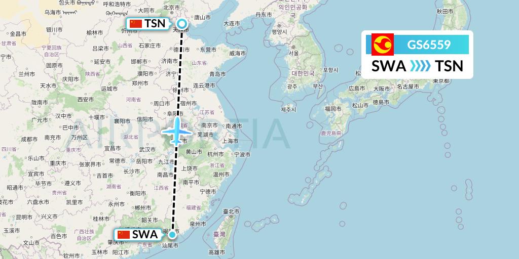 GS6559 Tianjin Airlines Flight Map: Jieyang to Tianjin