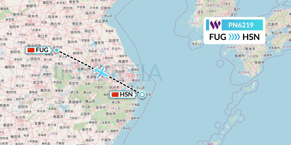 PN6219 China West Air Flight Map: Fuyang to Zhoushan