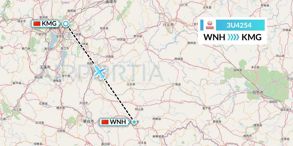 3U4254 Sichuan Airlines Flight Map: Wenshan to Kunming