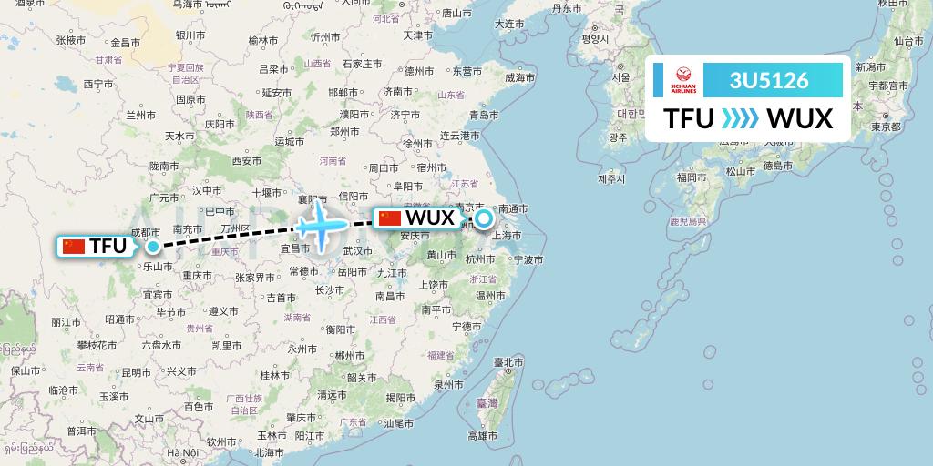 3U5126 Sichuan Airlines Flight Map: Chengdu to Wuxi