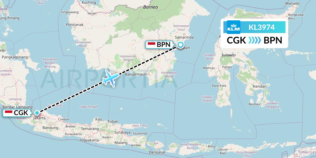 KL3974 KLM Flight Map: Jakarta to Balikpapan