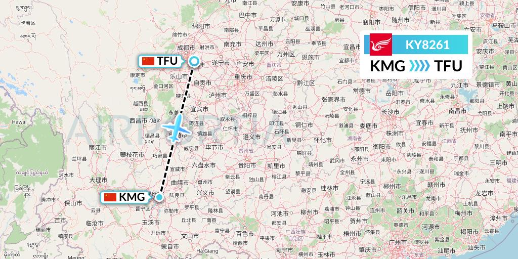 KY8261 Kunming Airlines Flight Map: Kunming to Chengdu