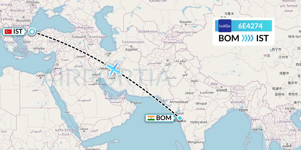 6E4274 IndiGo Airlines Flight Map: Mumbai to Istanbul