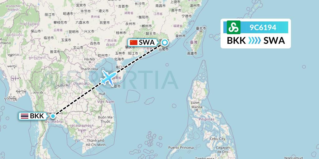 9C6194 Spring Airlines Flight Map: Bangkok to Jieyang