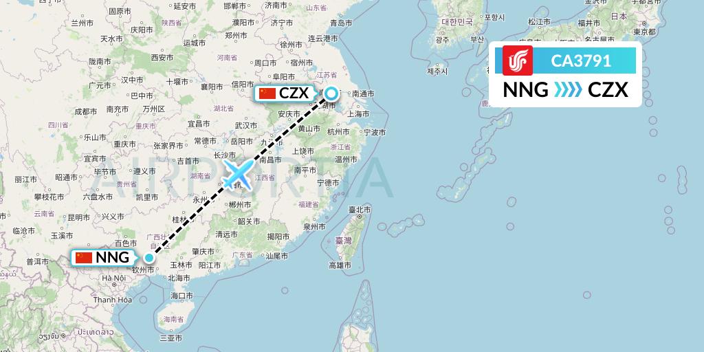 CA3791 Air China Flight Map: Nanning to Changzhou