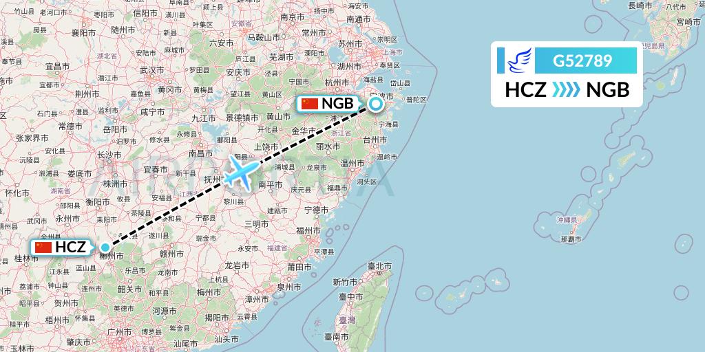 G52789 China Express Airlines Flight Map: Shaoguan to Ningbo