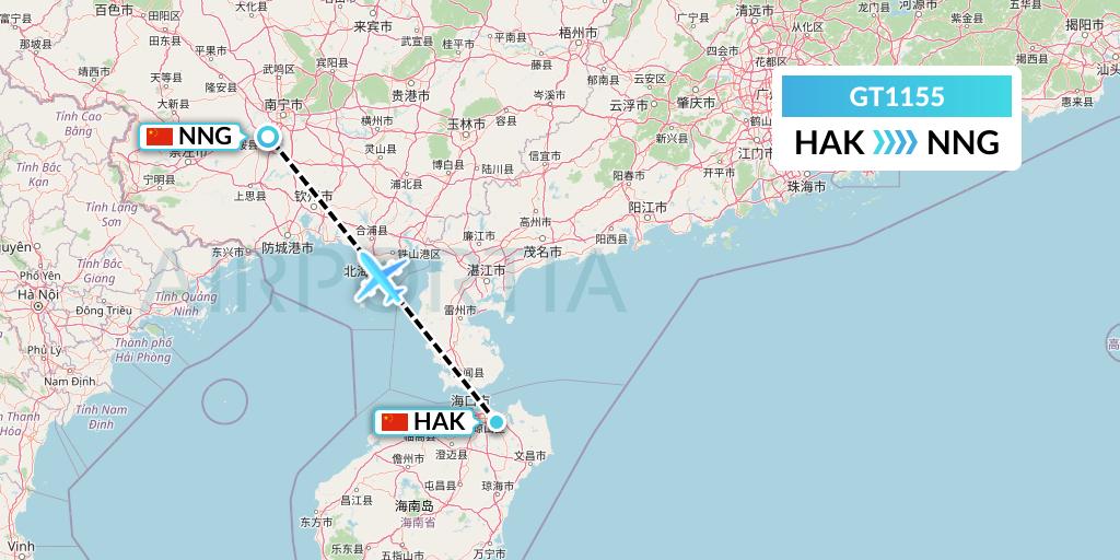 GT1155 Air Guilin Flight Map: Haikou to Nanning