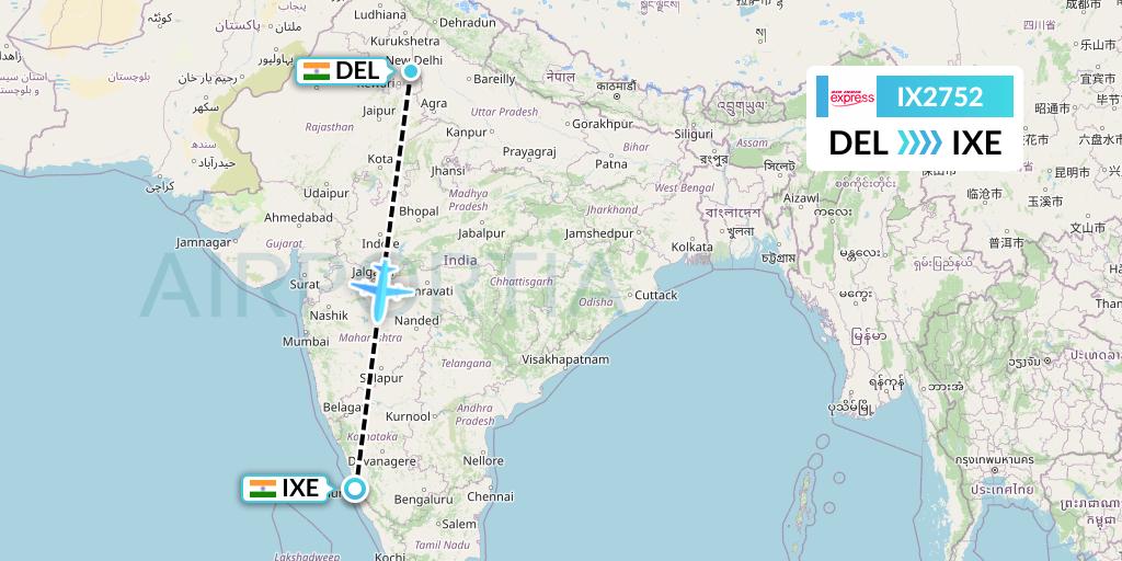 IX2752 Air India Express Flight Map: Delhi to Mangalore