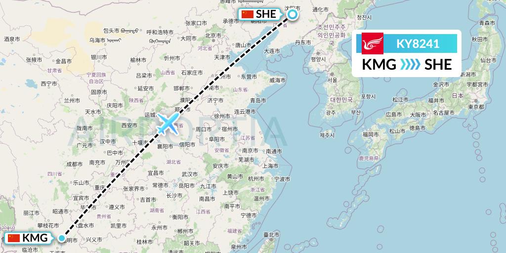 KY8241 Kunming Airlines Flight Map: Kunming to Shenyang