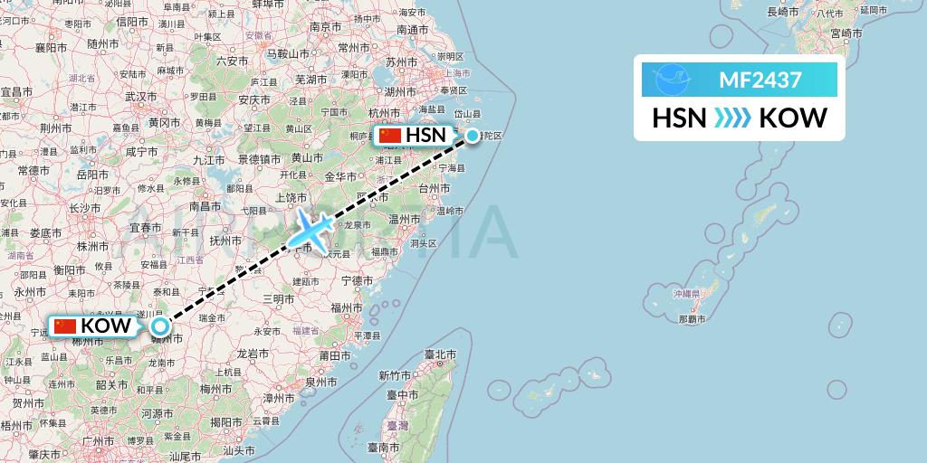 MF2437 Xiamen Airlines Flight Map: Zhoushan to Ganzhou