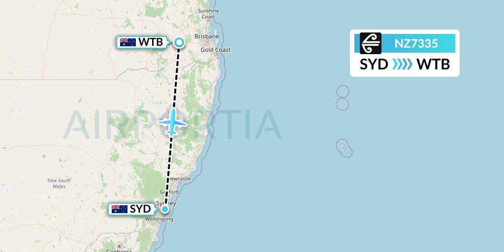 NZ7335 Air New Zealand Flight Map: Sydney to Toowoomba
