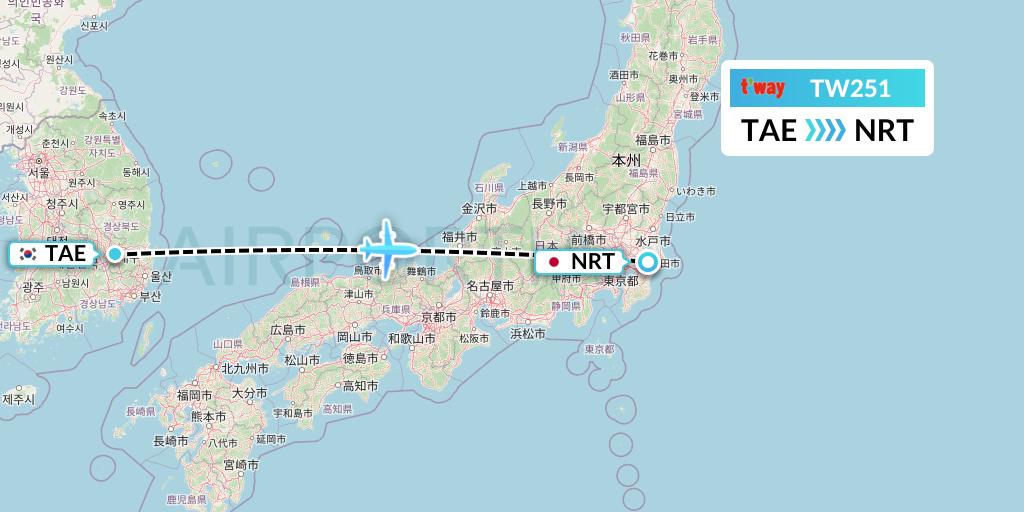 TW251 T'way Air Flight Map: Daegu to Tokyo