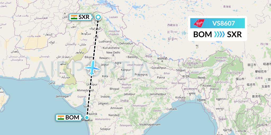 VS8607 Virgin Atlantic Airways Flight Map: Mumbai to Srinagar