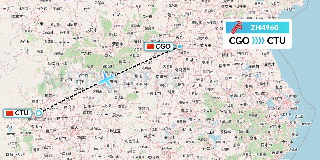 ZH4960 Shenzhen Airlines Flight Map: Zhengzhou to Chengdu