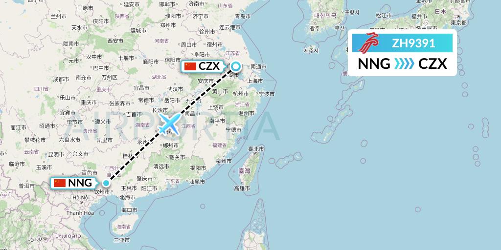 ZH9391 Shenzhen Airlines Flight Map: Nanning to Changzhou