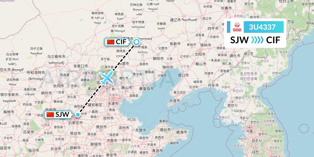 3U4337 Sichuan Airlines Flight Map: Shijiazhuang to Chifeng