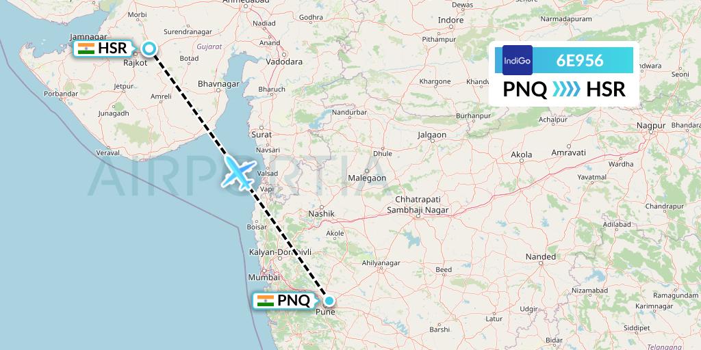 6E956 IndiGo Airlines Flight Map: Pune to Rajkot