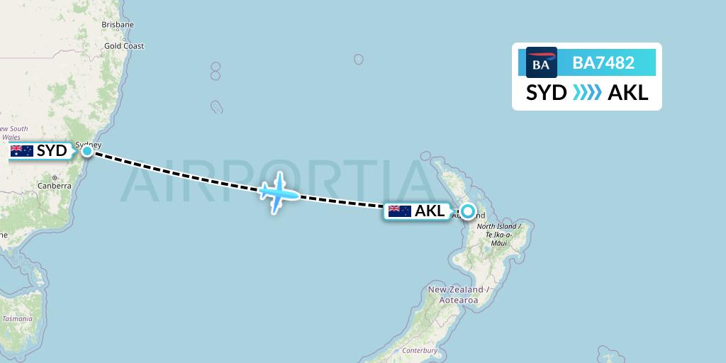 BA7482 British Airways Flight Map: Sydney to Auckland