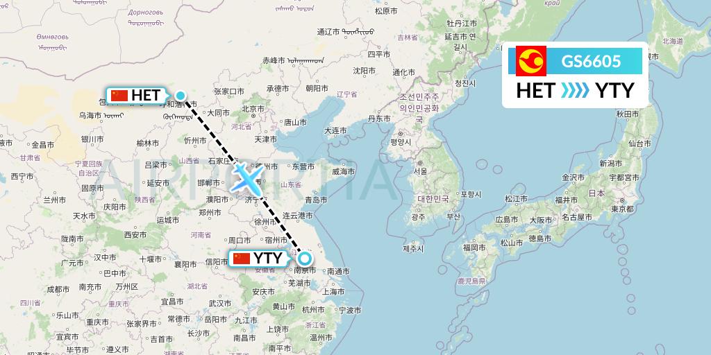 GS6605 Tianjin Airlines Flight Map: Hohhot to Yangzhou