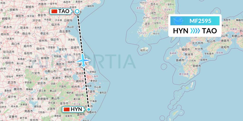 MF2595 Xiamen Airlines Flight Map: Huangyan to Qingdao