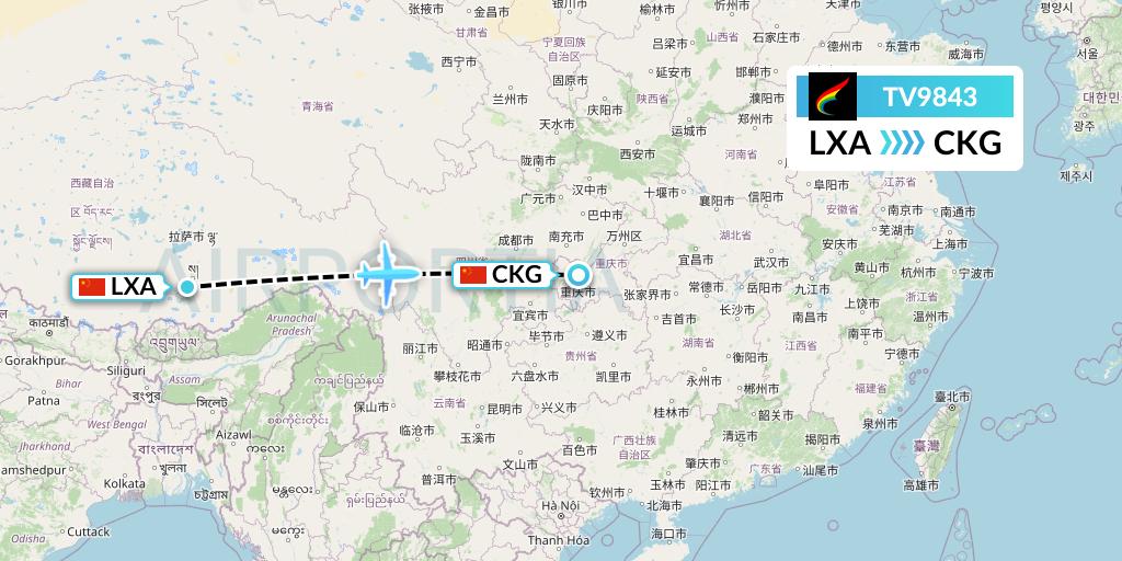 TV9843 Tibet Airlines Flight Map: Lhasa to Chongqing