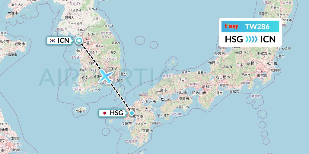 TW286 T'way Air Flight Map: Saga to Seoul