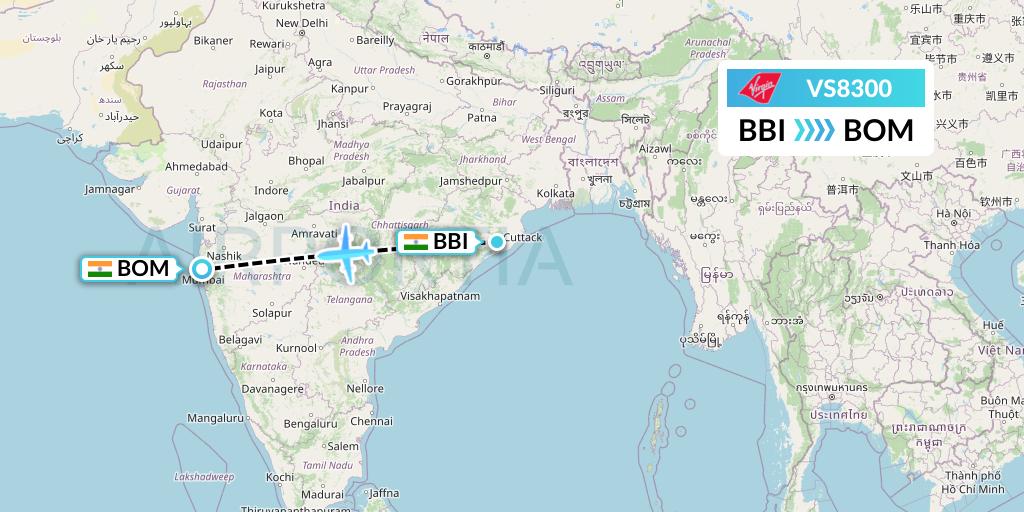 VS8300 Virgin Atlantic Airways Flight Map: Bhubaneswar to Mumbai