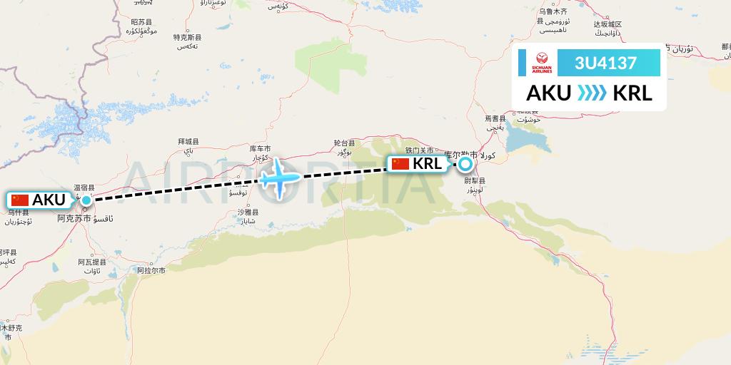 3U4137 Sichuan Airlines Flight Map: Aksu to Korla