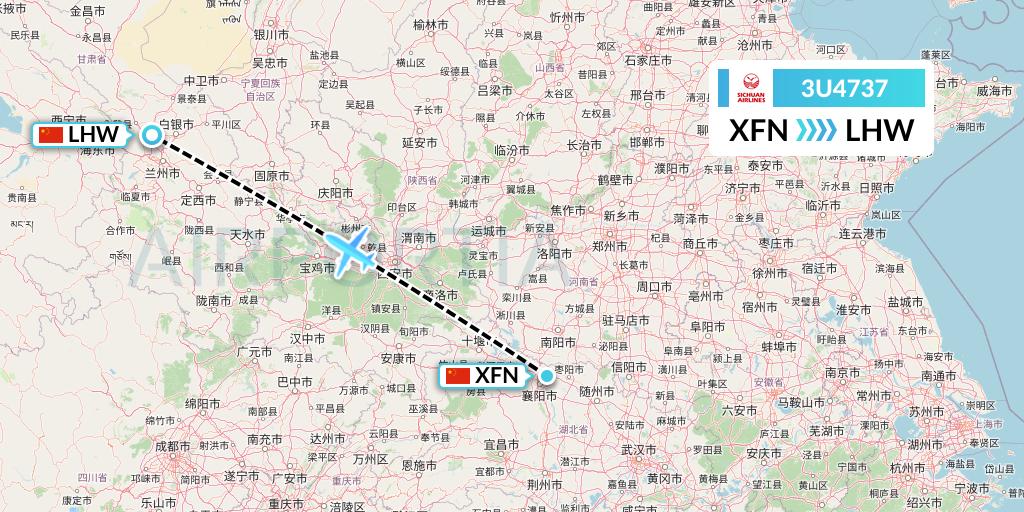 3U4737 Sichuan Airlines Flight Map: Xiangyang to Lanzhou