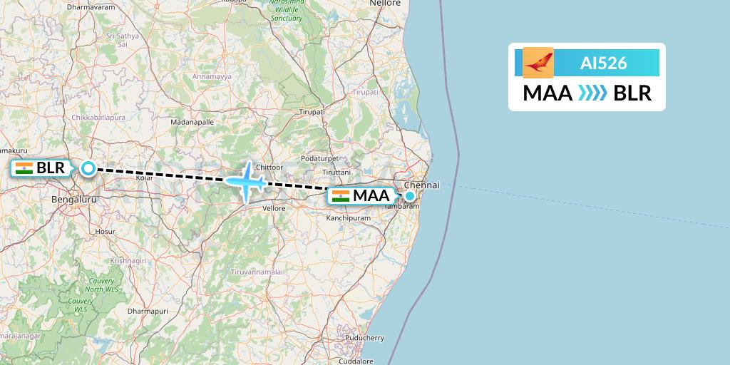 AI526 Air India Flight Map: Chennai to Bangalore