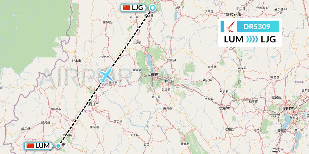 DR5309 Ruili Airlines Flight Map: Mangshi to Lijiang
