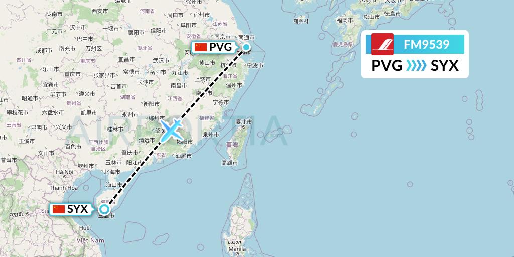 FM9539 Shanghai Airlines Flight Map: Shanghai to Sanya
