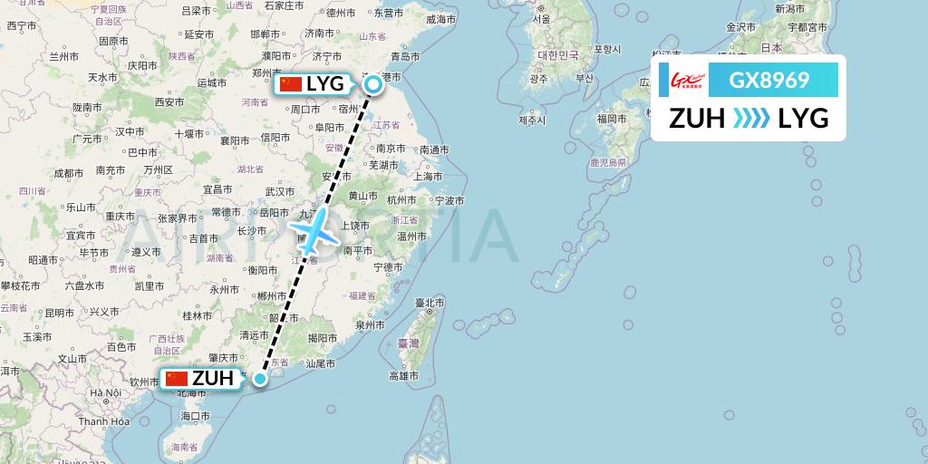 GX8969 GX Airlines Flight Map: Zhuhai to Lianyungang