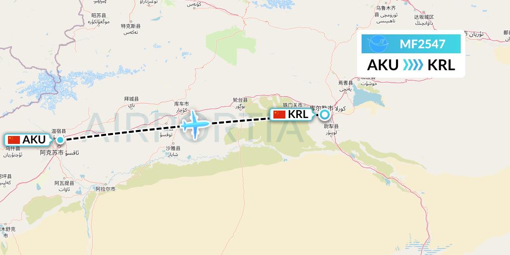 MF2547 Xiamen Airlines Flight Map: Aksu to Korla